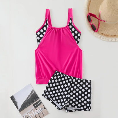 🥇👍Kiváló minőség, sok pozitív értékelés👙🌸 Pöttyös color-block kétrészes fürdőruha – Vidám stílus, finom ráncok, M–3XL-ig! 🌊✨