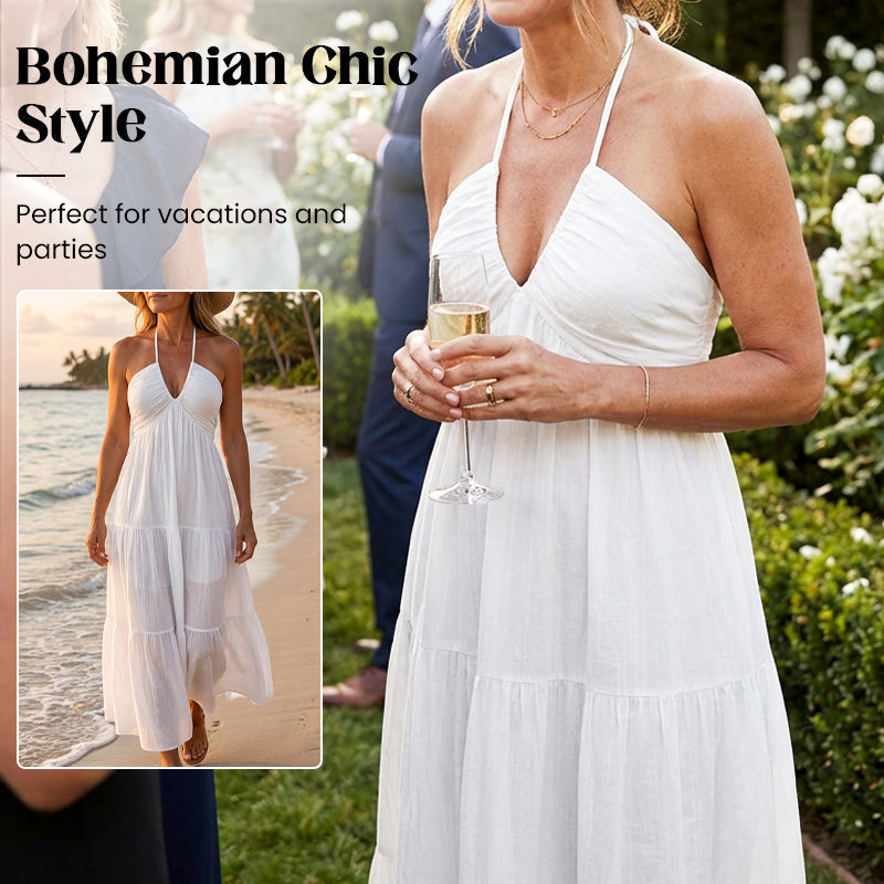 🎉50% árcsökkentés☀️ Könnyű nyári öltözet✨ Halter nyakú réteges ruha – Empire derékkal, hátul kötve, bohém és elegáns!