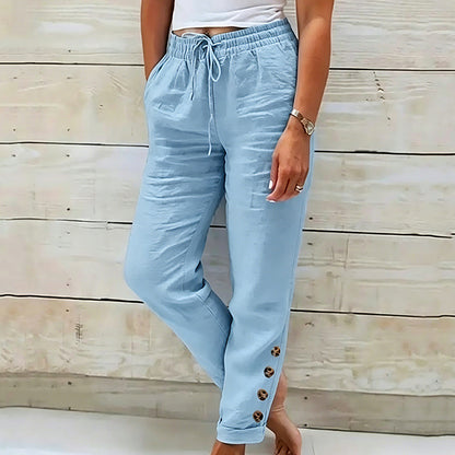 👖 Lélegző női nadrág húzózsinóros derékkal🌿 Stílusos oldalsó gombok + laza szabás!