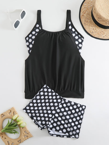 🥇👍Kiváló minőség, sok pozitív értékelés👙🌸 Pöttyös color-block kétrészes fürdőruha – Vidám stílus, finom ráncok, M–3XL-ig! 🌊✨