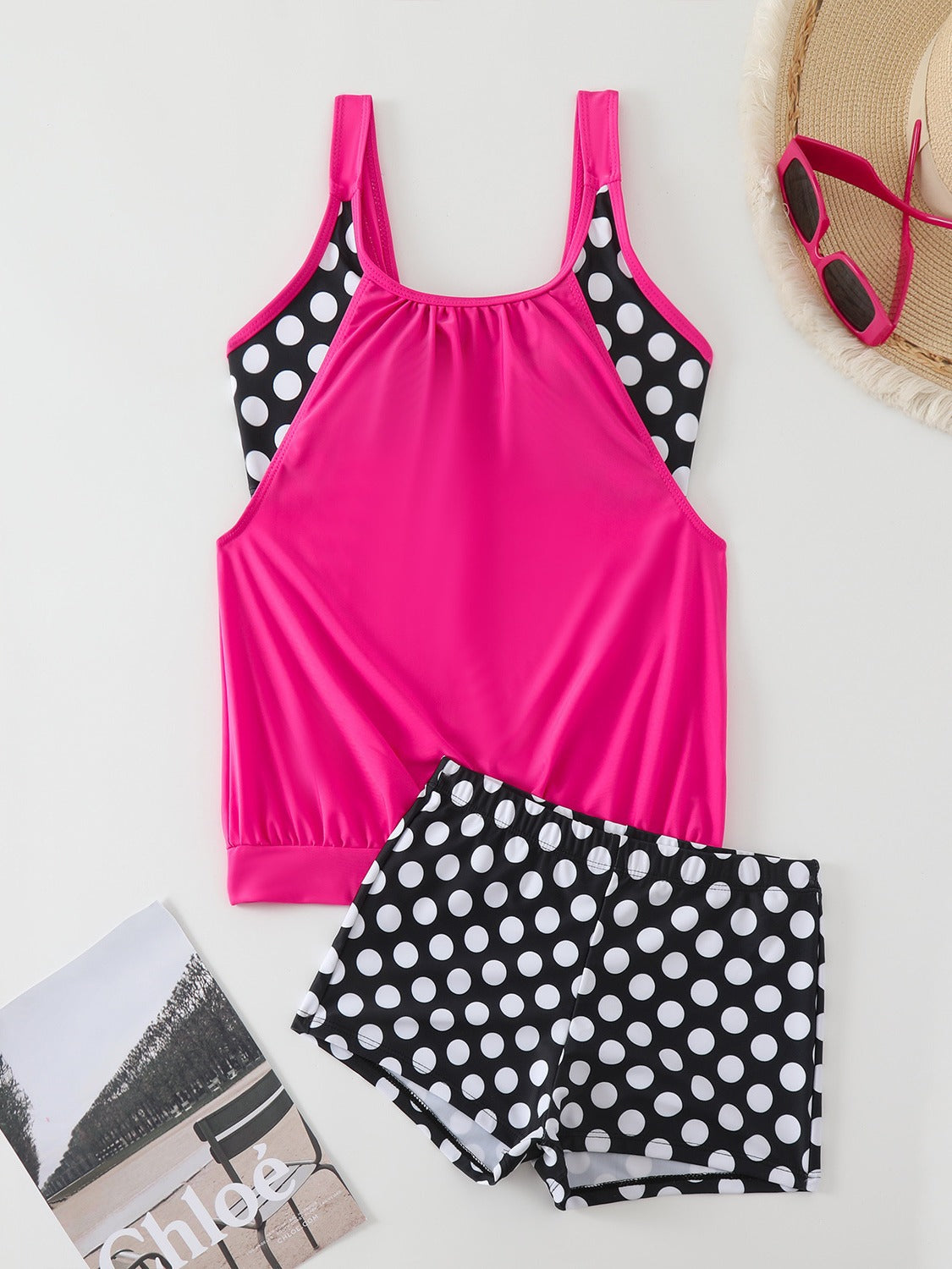 🥇👍Kiváló minőség, sok pozitív értékelés👙🌸 Pöttyös color-block kétrészes fürdőruha – Vidám stílus, finom ráncok, M–3XL-ig! 🌊✨