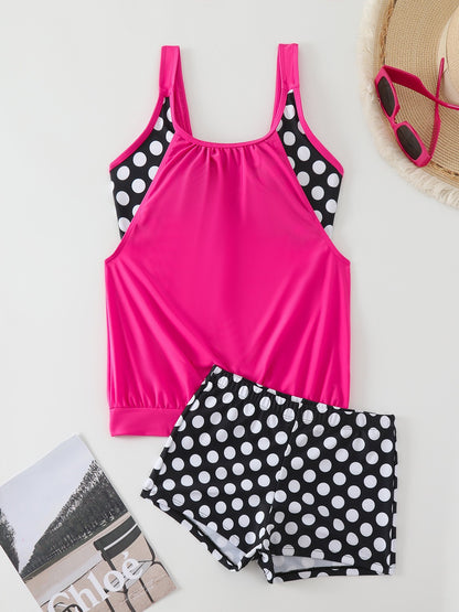 🥇👍Kiváló minőség, sok pozitív értékelés👙🌸 Pöttyös color-block kétrészes fürdőruha – Vidám stílus, finom ráncok, M–3XL-ig! 🌊✨