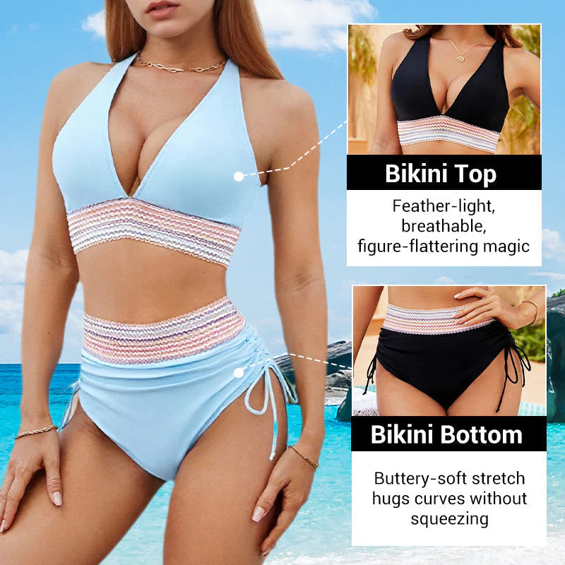 📿Ingyenes gyönyörű nyaklánc🔥Most kapható👙 Magas derekú, hasformáló, többszínű bikini szett💎Kiemeli az alakot, élvezd a tengerparti hangulatot!!