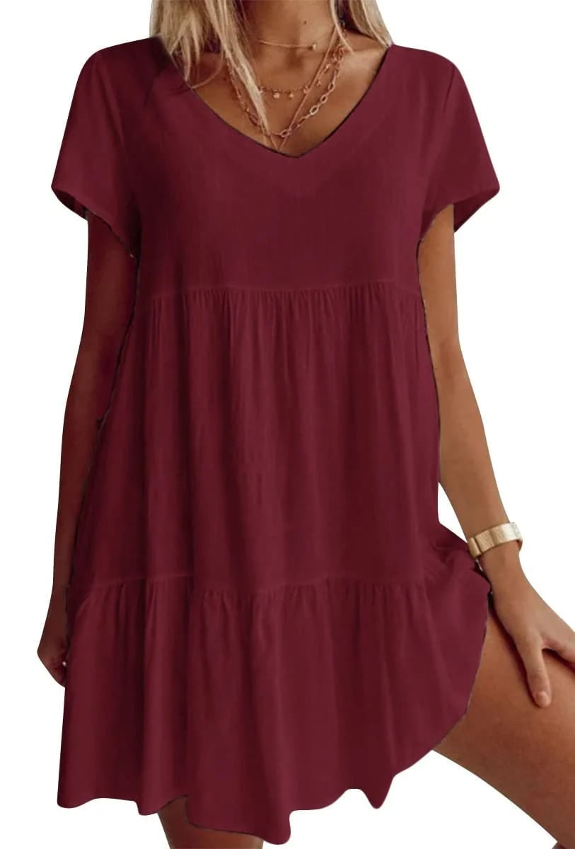 📿Ingyenes nyaklánc👗🌸 V-nyakú réteges ruha – Puha, légáteresztő, laza szabás, 6 színben, S–3XL-ig! ✨💃