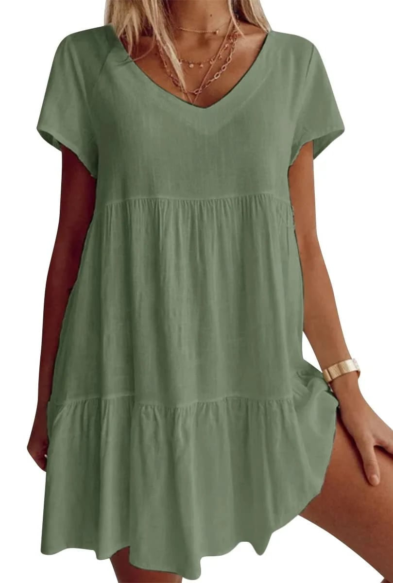 📿Ingyenes nyaklánc👗🌸 V-nyakú réteges ruha – Puha, légáteresztő, laza szabás, 6 színben, S–3XL-ig! ✨💃