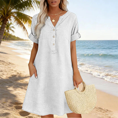 🎁📿Ingyenes gyönyörű nyaklánc🏖️AKCIÓ: 50% KEDVEZMÉNY! 👗 Női V-nyakú tunika ruha – laza szabás, zsebekkel és lélegző anyagból！