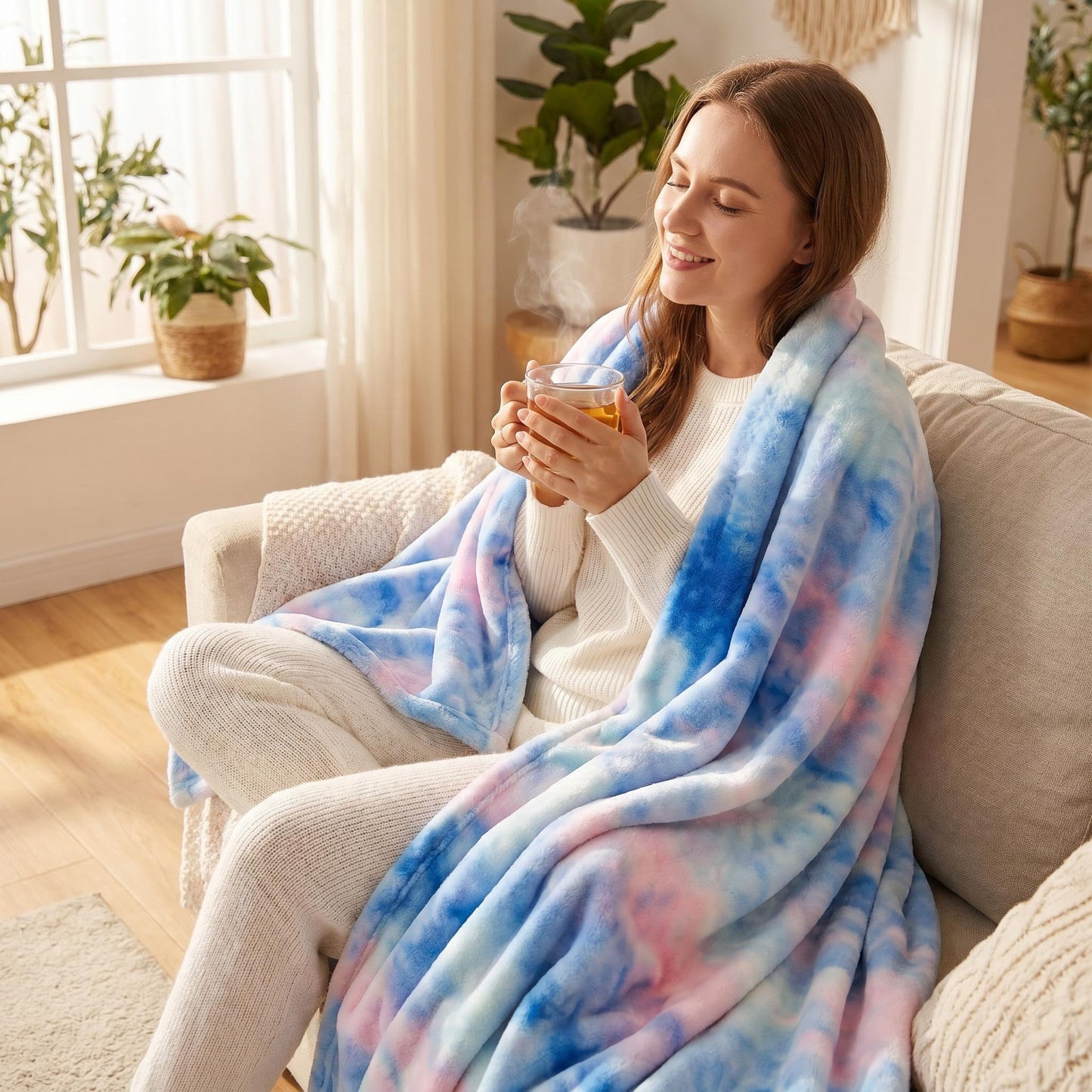 🌈 Élénk tie-dye minta + rendkívül puha plüss szövet🛋️ Minden évszakra alkalmas – Könnyű melegség, mosógépben mosható！
