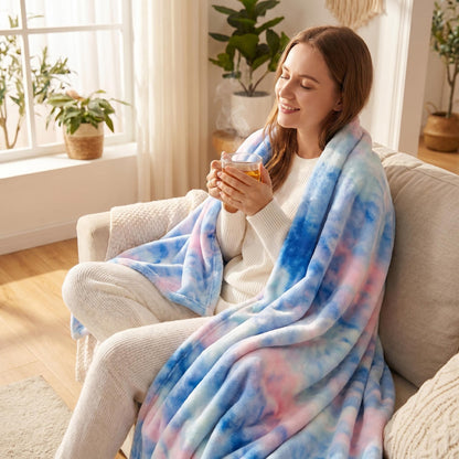 🌈 Élénk tie-dye minta + rendkívül puha plüss szövet🛋️ Minden évszakra alkalmas – Könnyű melegség, mosógépben mosható！