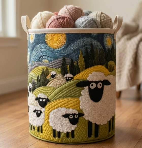 🧺 100%-ban kézzel készített, steppelt kosár – 3D-s birkás kert témájú design – Extra nagy kapacitás, összecsukható – Rusztikus, cottagecore stílusba tökéletes🐑