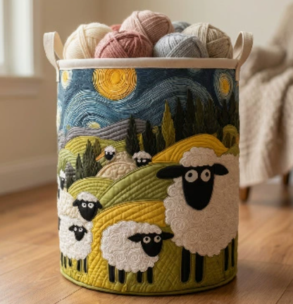 🧺 100%-ban kézzel készített, steppelt kosár – 3D-s birkás kert témájú design – Extra nagy kapacitás, összecsukható – Rusztikus, cottagecore stílusba tökéletes🐑