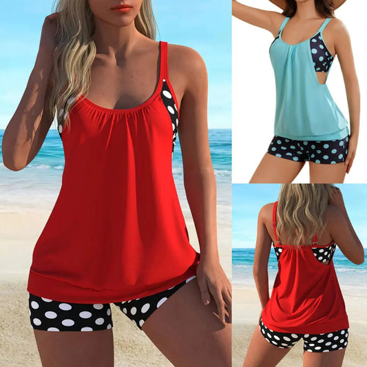 🥇👍Kiváló minőség, sok pozitív értékelés👙🌸 Pöttyös color-block kétrészes fürdőruha – Vidám stílus, finom ráncok, M–3XL-ig! 🌊✨