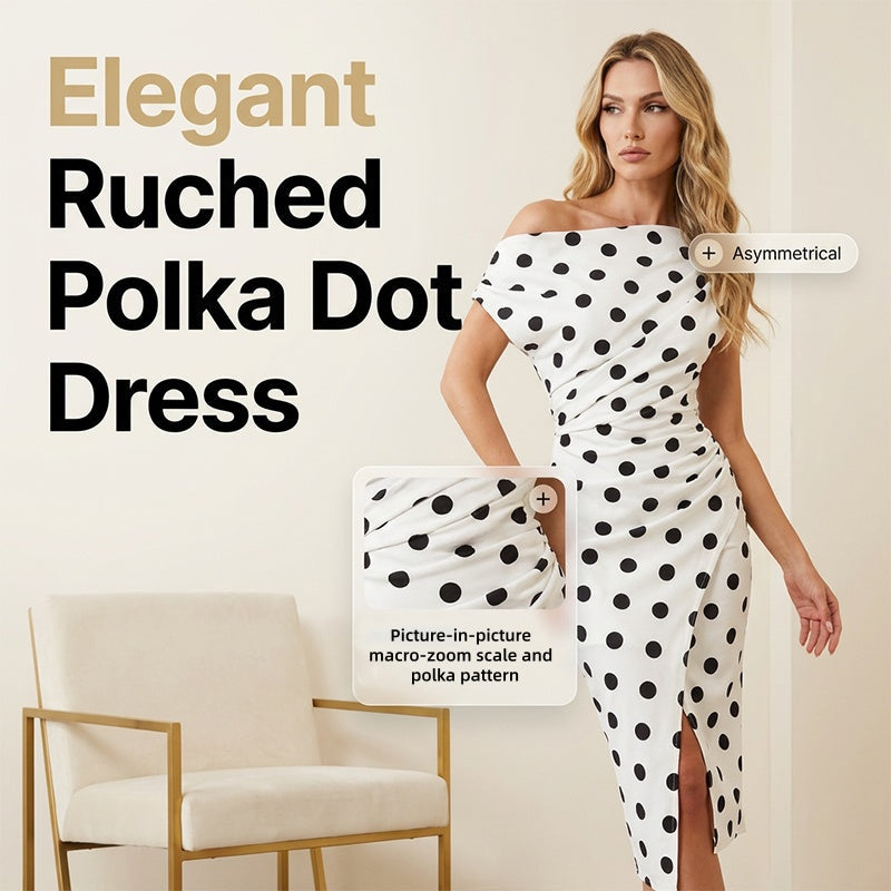 👗🌸 Aszimmetrikus nyakkivágású polka-dot midi ruha – Elegáns hasítékkal, alakkövető szabással, S–2XL-ig! ✨💫
