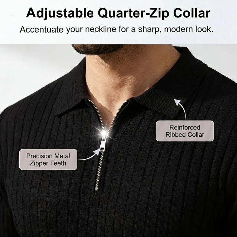 🎁Ingyenes ajándék-📿Gyönyörű karkötő✨ Bordás kötött prémium felső👕 Sportos sziluettű férfi póló – Állítható gallér + negyedzipper, sokoldalú mindennapokra!