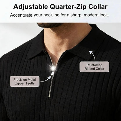 🎁Ingyenes ajándék-📿Gyönyörű karkötő✨ Bordás kötött prémium felső👕 Sportos sziluettű férfi póló – Állítható gallér + negyedzipper, sokoldalú mindennapokra!