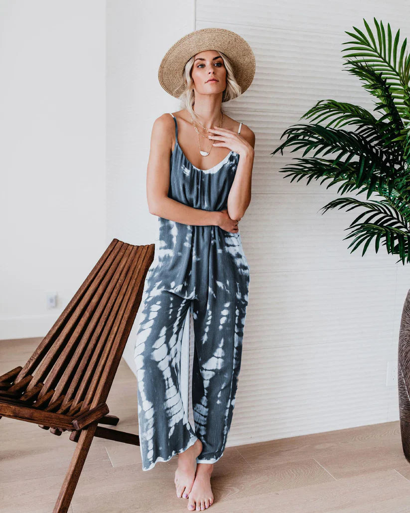 📿Ingyenes gyönyörű nyaklánc☀️ Ujjatlan, légies női együttes🌈 Batikolt & nyomatos spagetti pántos jumpsuit – Laza, széles szárú és nyári kényelem!