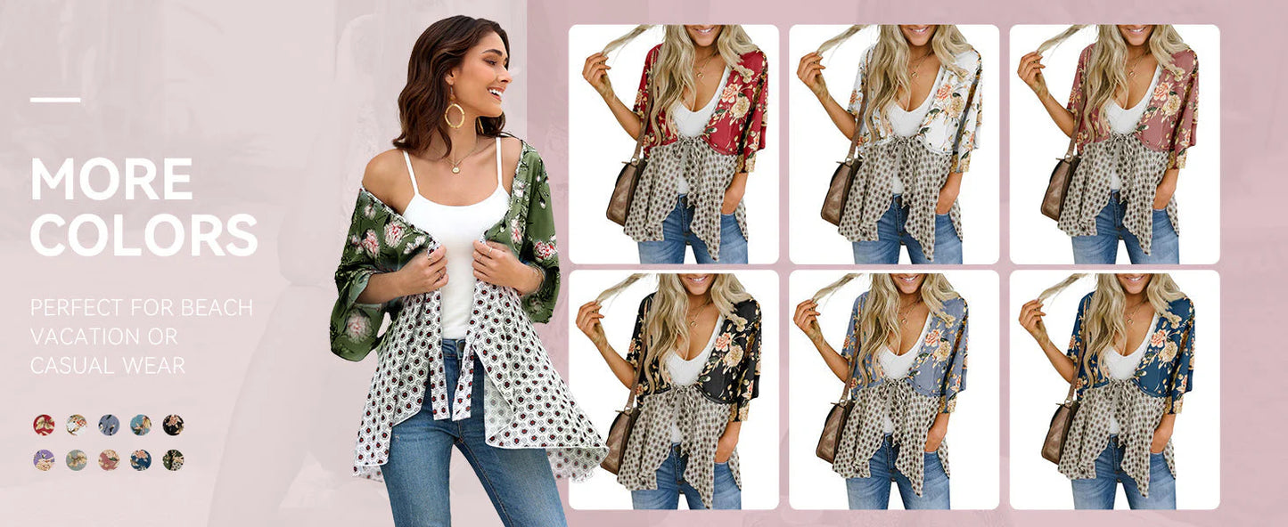 😜50% árcsökkentés 🎁Ingyenes ajándék-📿Gyönyörű nyaklánc🌸 Boho virágmintás sifon kardigán – Könnyű, fodros és sokoldalú nyári stílus!