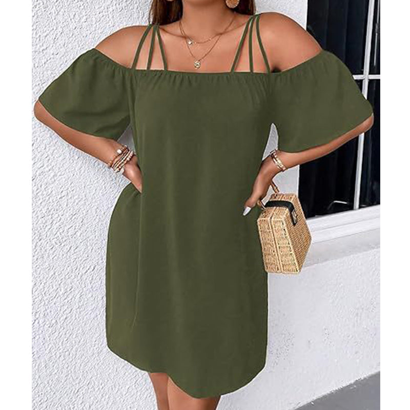 📿🎁Ingyenes ajándék - Gyönyörű nyaklánc💃Elegáns, vállnélküli miniruha👗Karcsúsító körvonalas sziluett, laza lebegő szabás🌬️Prémium anyagkeverék!