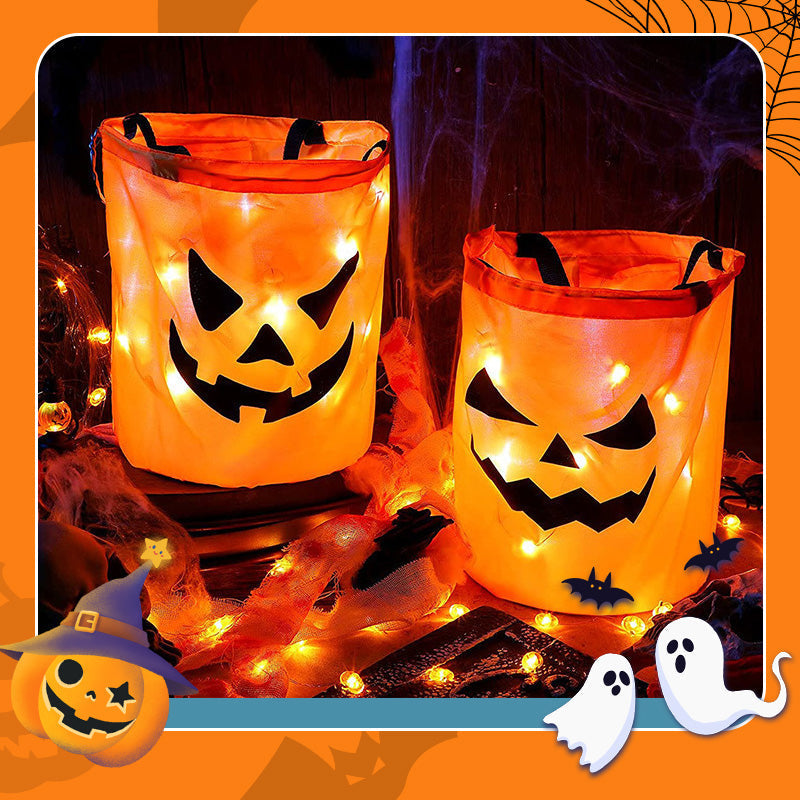 🎃✨Világító tök alakú édességes táska – LED-del, tágas belsővel – Tökéletes Halloweenre! 🍬👻