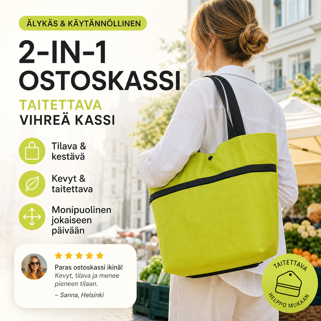 🛒✨2 az 1-ben bevásárlószatyor, összecsukható zöld szatyor – Tökéletes bevásárláshoz! 🛍️💪