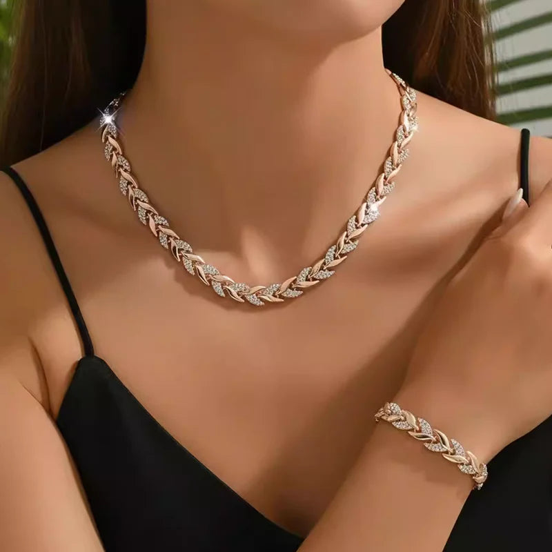 🔥1+1 ingyenes💎 Strasszos nyaklánc + karkötő szett✨ Levél-linkes ékszerszett – Kifinomult stílus és csillogás minden alkalomra!