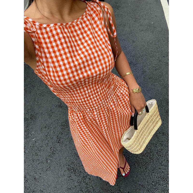 ⏰💥45% árcsökkentés👗 Könnyed vintage gingham nyári ruha🎀 Smockolt felsőrész + állítható kötőpántok 🌬️Prémium légáteresztő anyag！