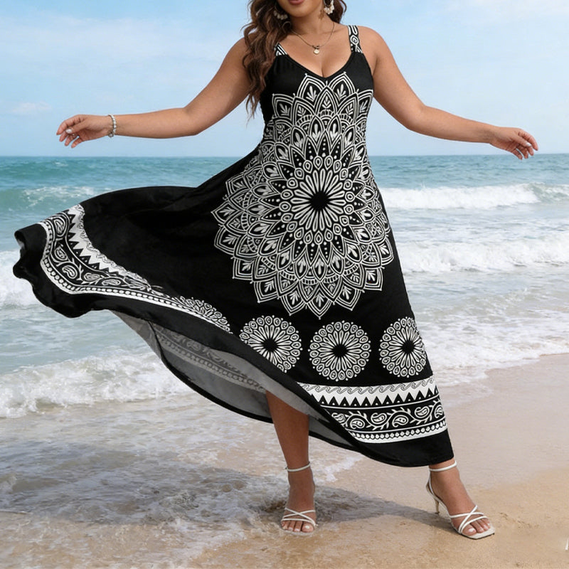 ⏰Az utolsó 50 darab!!!-🎁Ingyenes ajándék -📿Gyönyörű nyaklánc✨ Fekete strandruha estélyi öltözzé válik🖤 Mandala mintás bohém maxi ruha – Állítható cami pánt, kényelmes és nőies!