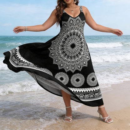 ⏰Az utolsó 50 darab!!!-🎁Ingyenes ajándék -📿Gyönyörű nyaklánc✨ Fekete strandruha estélyi öltözzé válik🖤 Mandala mintás bohém maxi ruha – Állítható cami pánt, kényelmes és nőies!