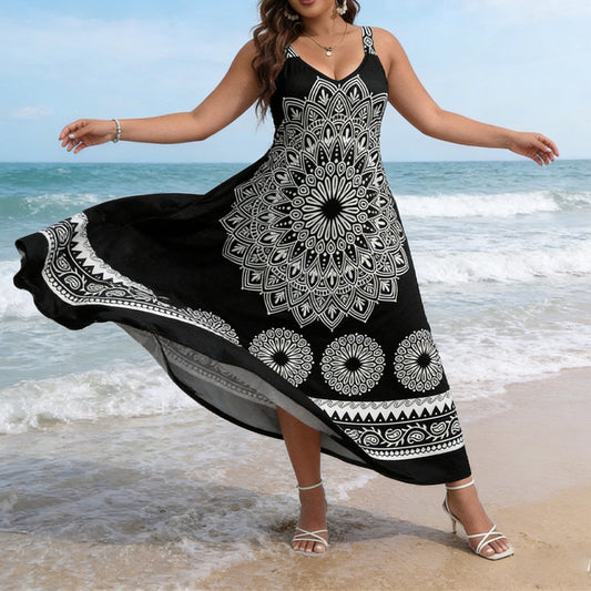 ⏰Az utolsó 50 darab!!!-🎁Ingyenes ajándék -📿Gyönyörű nyaklánc✨ Fekete strandruha estélyi öltözzé válik🖤 Mandala mintás bohém maxi ruha – Állítható cami pánt, kényelmes és nőies!