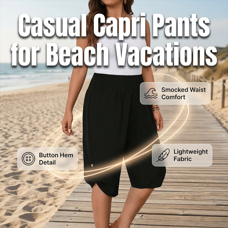 👖 Rugalmas smockos derekú capri nadrág🌬️ Lélegző poliészter nadrág – Nem gyűrődik, gyorsan szárad, nyaralásra termett!