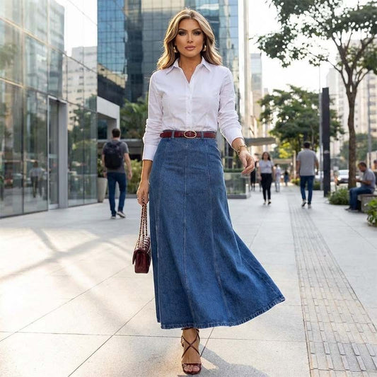 😜45% árcsökkentés 👗 Magas derékú maxi szoknya ✨ A-vonalú denim szoknya – Kényelem és stílus minden testalkatra!💃