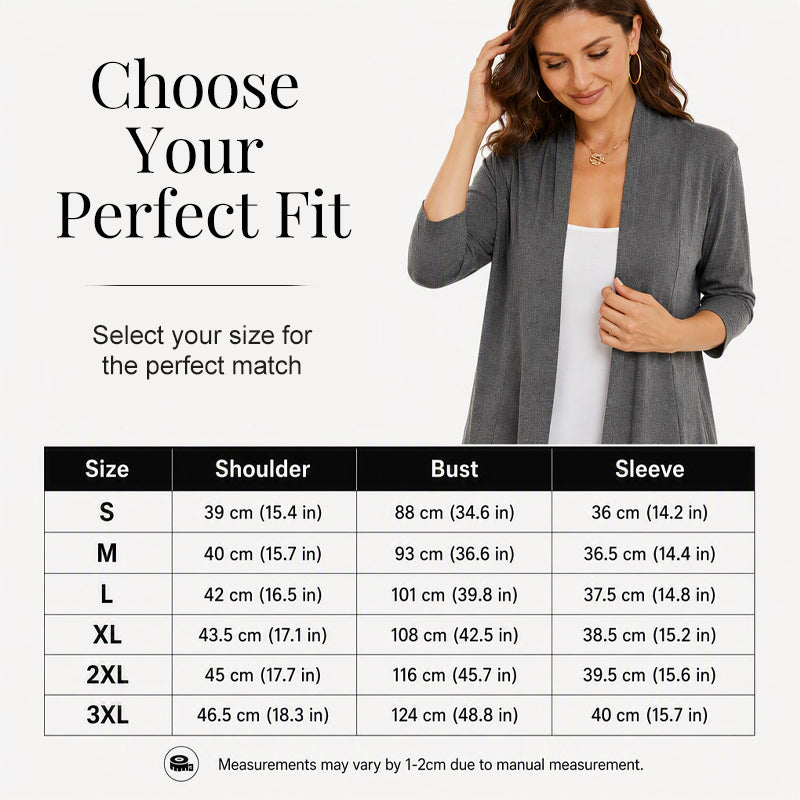 🌟🌸 Elegáns nyitott kardigán szett – Fodros szegéllyel, háromnegyedes ujjakkal, S–3XL-ig, 4 színben! ✨💃