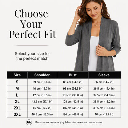 🌟🌸 Elegáns nyitott kardigán szett – Fodros szegéllyel, háromnegyedes ujjakkal, S–3XL-ig, 4 színben! ✨💃
