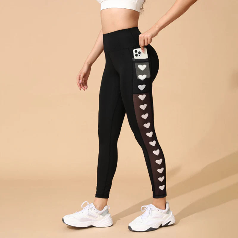 🥇👍Kiváló minőség, sok pozitív értékelés🧘 Kényelmes jóg nadrág oldalzsebekkel💖 Szívmintás hálós leggings – Magas derékú, fenékformáló sport nadrág!