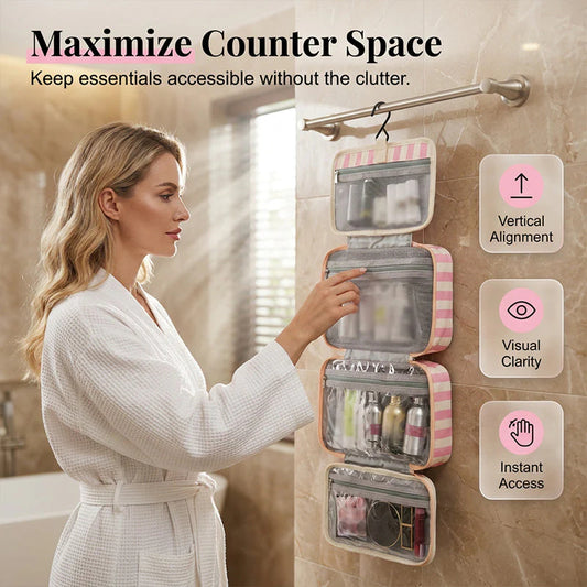 🧳 Csíkos függő toalett táska – 4 átlátszó rekesz + beépített akasztó🚿 Vízálló, könnyen tisztítható!