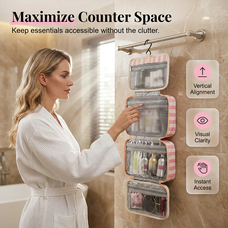 🧳 Csíkos függő toalett táska – 4 átlátszó rekesz + beépített akasztó🚿 Vízálló, könnyen tisztítható！