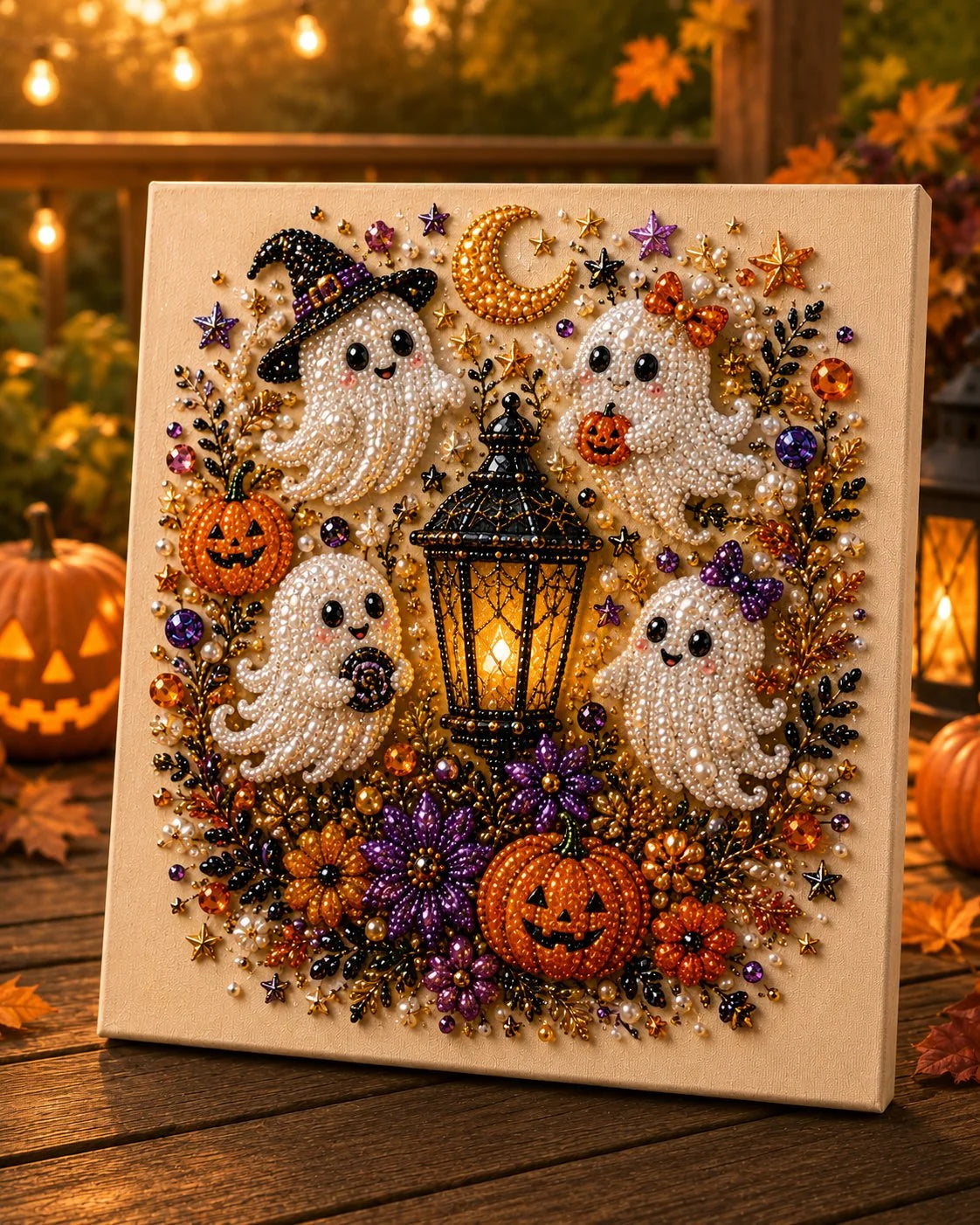 🎃✨ Halloween-i 3D gyöngyös mozaik készlet – Aranyos szellemek, tökök és félhold – Kezdőknek is! 👻🖼️