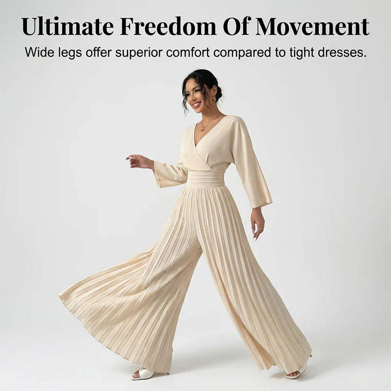 📿Gyönyörű nyaklánc✨ V-kivágású plisszós jumpsuit🍑 Barack színű női együttes – Kecses sziluett és lágy, mozgékony szabás!