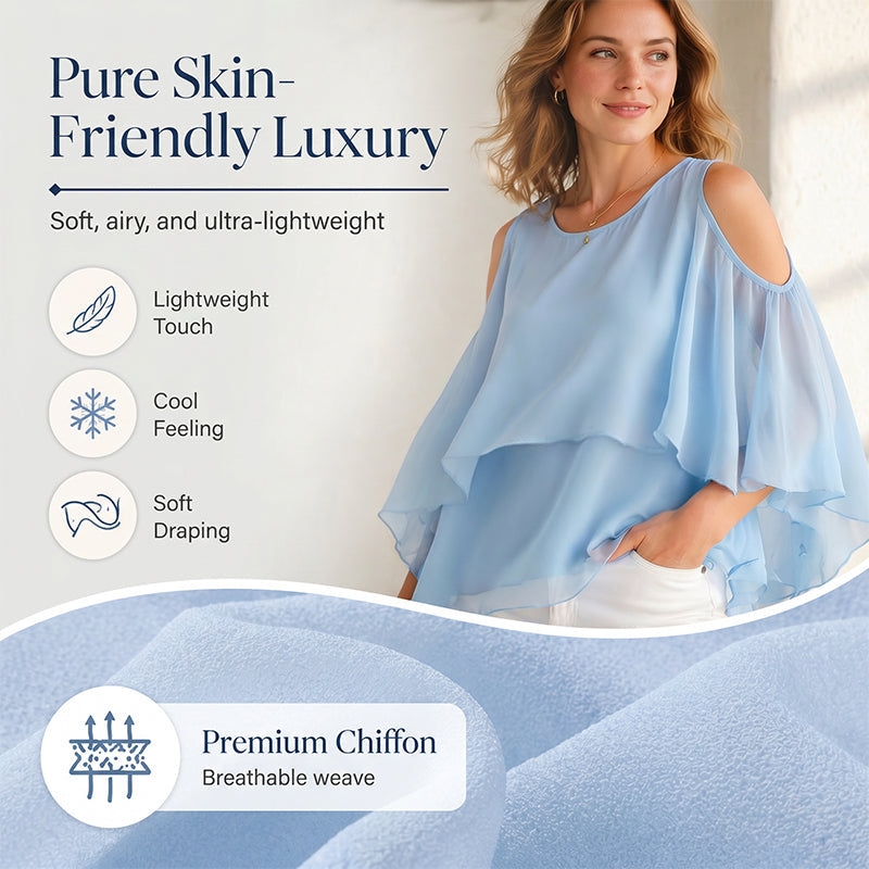 👗🌸 Chiffon poncho cold-shoulder felső –  Cold-shoulder kivágás, folyós szabás, S–3XL-ig, 5 színben! ✨💫
