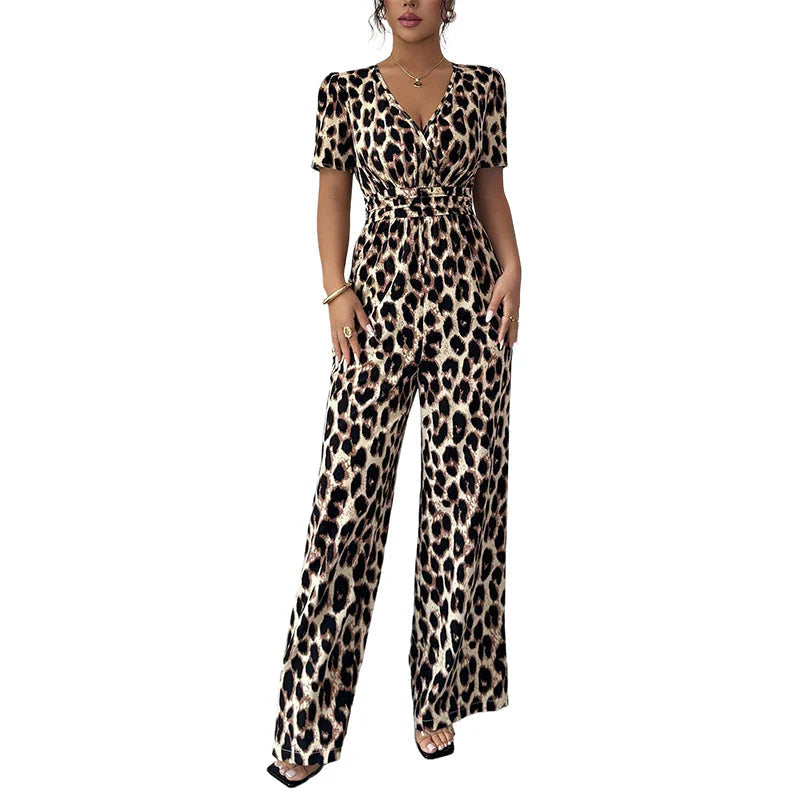 🎁⏰Az utolsó 50 darab Ingyenes ajándék🌿Légies kevert anyagú együttes✨V-nyakú elegáns jumpsuit – Kiemelt derék + széles láb, nőies homokóra alak!