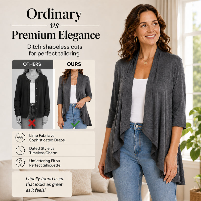 🌟🌸 Elegáns nyitott kardigán szett – Fodros szegéllyel, háromnegyedes ujjakkal, S–3XL-ig, 4 színben! ✨💃