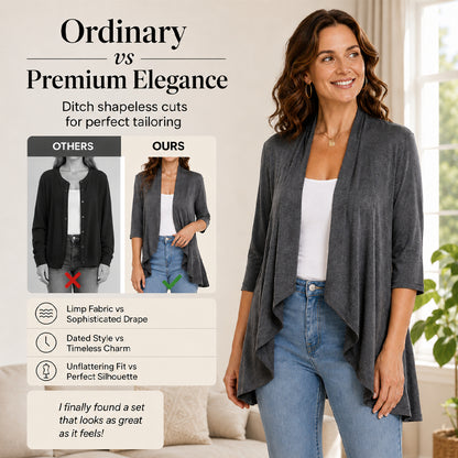🌟🌸 Elegáns nyitott kardigán szett – Fodros szegéllyel, háromnegyedes ujjakkal, S–3XL-ig, 4 színben! ✨💃