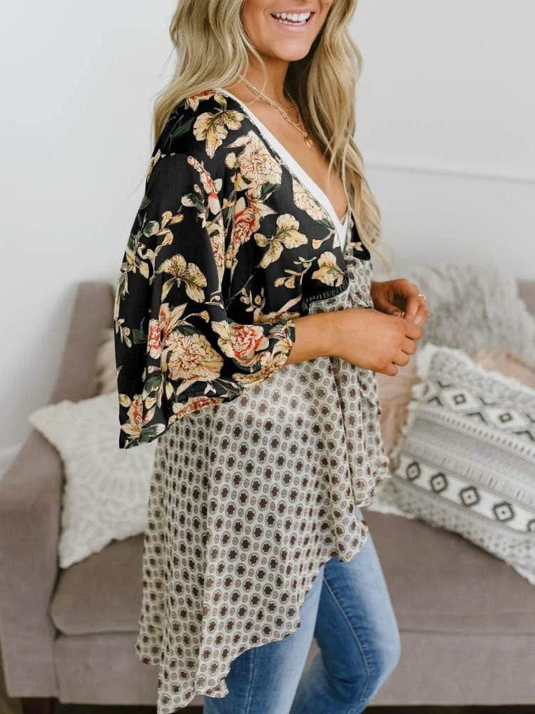 😜50% árcsökkentés 🎁Ingyenes ajándék-📿Gyönyörű nyaklánc🌸 Boho virágmintás sifon kardigán – Könnyű, fodros és sokoldalú nyári stílus!