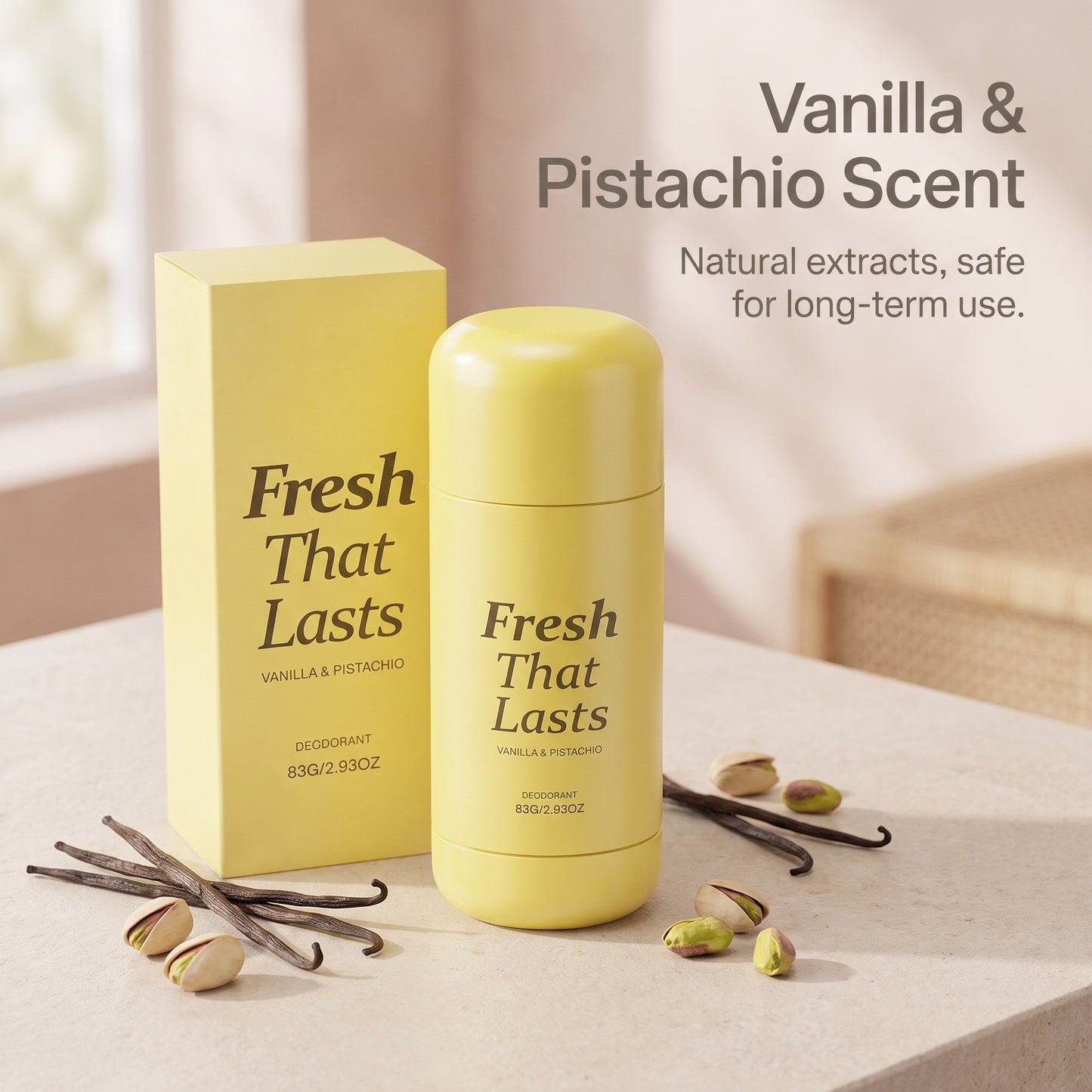 🎁1+1 INGYEN (2 db)🌸🍦 Vanília-pisztácia illatú izzadásgátló stick – Egész napos frissesség, kíméletes védelem! 💕✨