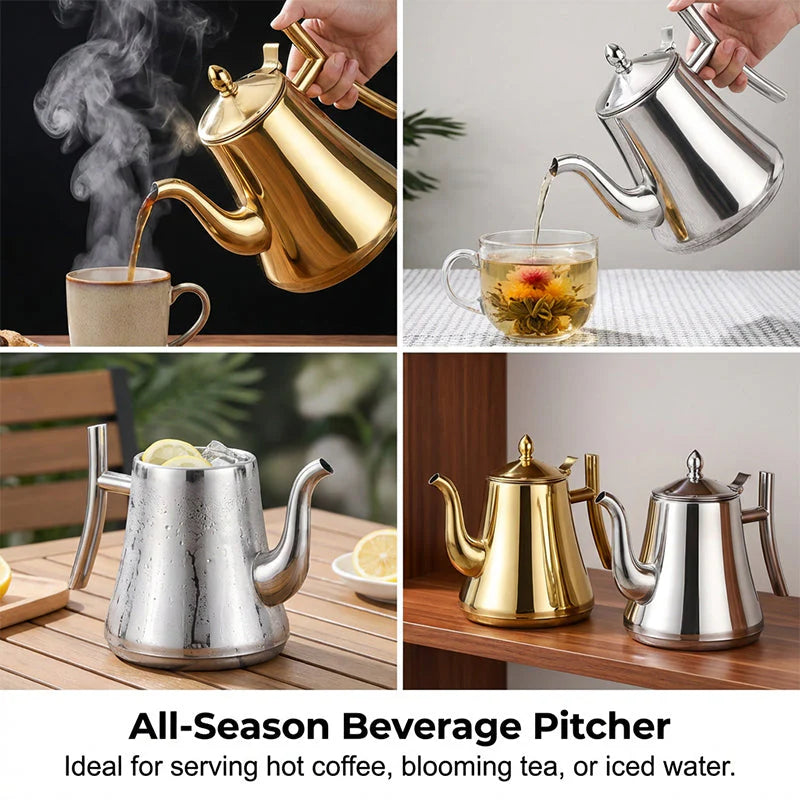 ✨ Prémium kávé és teakancsó☕ Rozsdamentes acél teáskanna hajlított kifolyóval – Precíz öntés, beépített tea szűrővel!