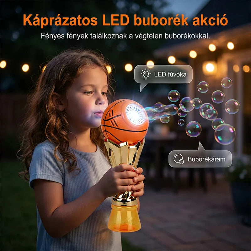 🎵 Motoros buborékfúvó – Sporttrófea formájú, villogó LED-ekkel, folyadékkal együtt – Utánvéttel 🎯