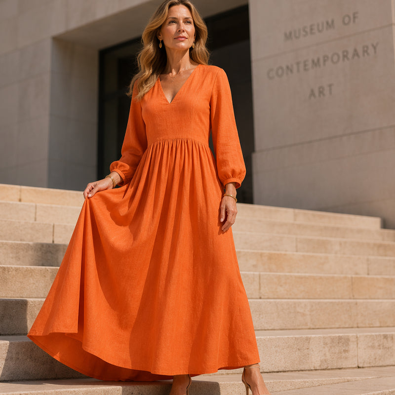 🌸👗 Lenvászon keverék V-nyakú ruha – Laza folyós szabás, puffos ujjakkal, S–2XL-ig! ✨💃