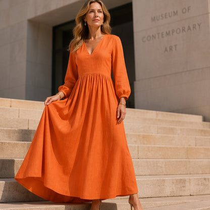 🌸👗 Lenvászon keverék V-nyakú ruha – Laza folyós szabás, puffos ujjakkal, S–2XL-ig! ✨💃