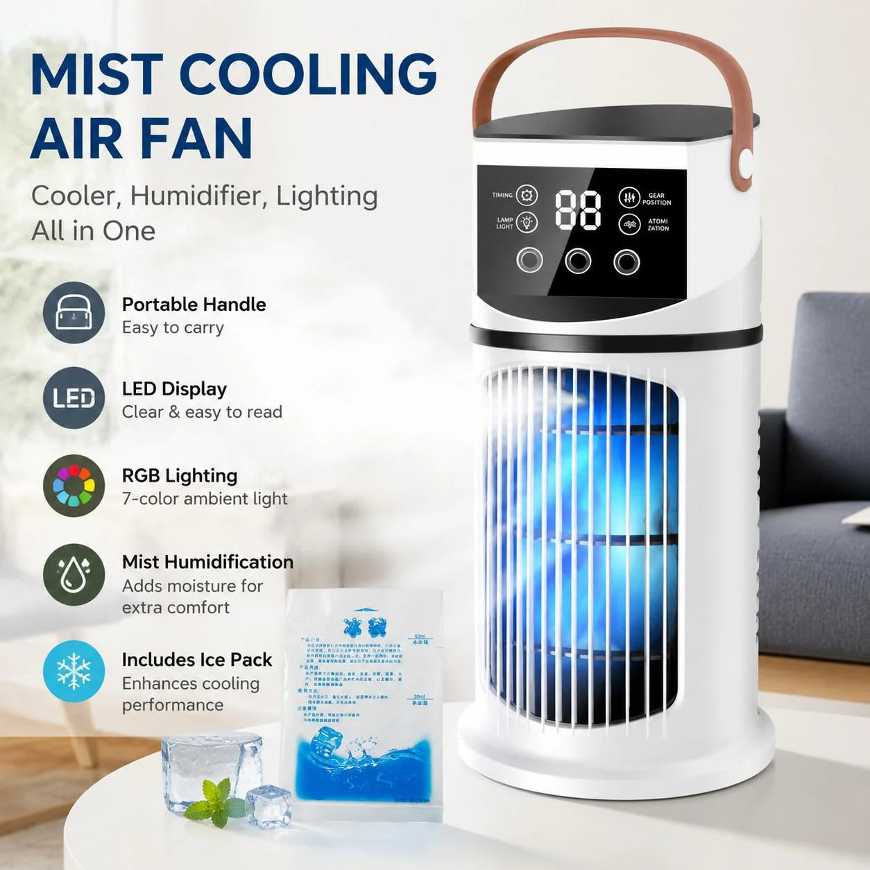 😍2026 tavaszi újdonságok❄️ Multifunkciós vízhűtéses ventilátor⏱️Hűtő + párásító + éjszakai lámpa + időzítő 💨 9 sebességfokozat, 7 színű LED, 90° oszcilláció🧊