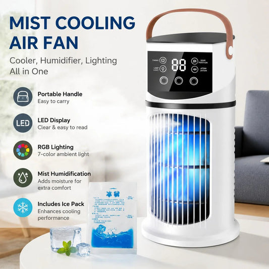 😍2026 tavaszi újdonságok❄️ Multifunkciós vízhűtéses ventilátor⏱️Hűtő + párásító + éjszakai lámpa + időzítő 💨 9 sebességfokozat, 7 színű LED, 90° oszcilláció🧊
