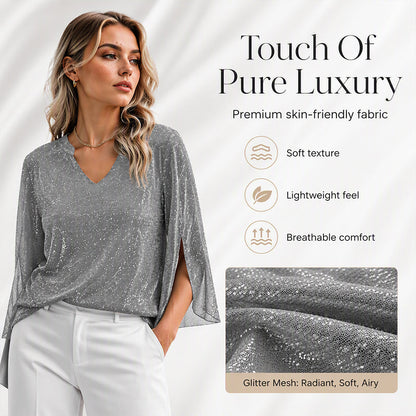 📿Ingyenes rózsa nyaklánc🌙💫 Glitter hálós V-nyakú felső – Csengő ujjakkal, laza szabással, S–5XL-ig, 8 színben! 💃🌟
